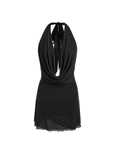 CIDER Party Mini Dress Halter V Neck Knotted Cowl Neck Slim Fit Lined Mesh Sleeveless Middle Waist