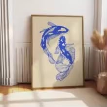 KEMEIQI Poster su tela giapponese con carpe koi rosse e carpe koi blu portafortuna per la decorazione moderna del soggiorno (80 * 120x2 cm/cornice)