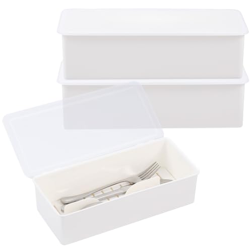 Rainmae 3Pcs Flatware Tray with Lid and Drainer, Large Plastic Silverware Utensil Kitchen Drawer Organizer Clear Cutlery Storage Container with Cover Dinnerware Spoon Knife Holder for Home and Travel