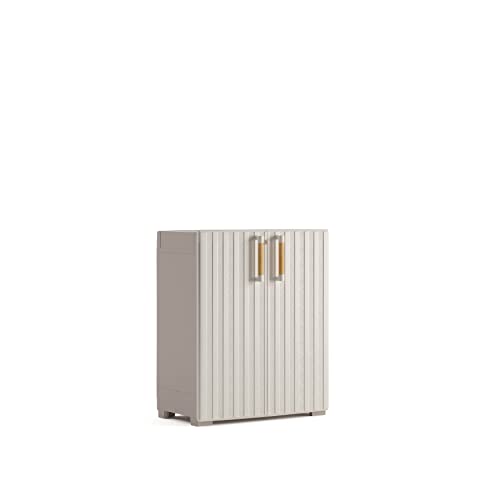 Keter Armoire Groove Faible - 80 cm x 98 cm x 45 cm - Beige - Étanche - Étagères renforcées - Poignées en bois - Pieds réglables - Cadenas - Résine...