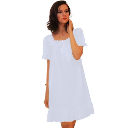 Chemise de nuit blanche vintage en coton doux avec volants et manches courtes pour l'été
