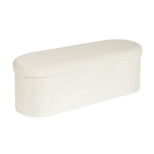 Bonlife Folding Ottoman Storage Bench Boucle Footstool Oval End of Bed Stool Ideal for Living Room Bedroom 100L Storage Space Cream 110x38x38cm
