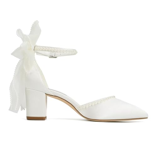 Block Heel Wedding Shoes for Bride Closed Toe Wedding Heels with Bow Pearl Bridal Shoes4