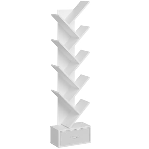 Rolanstar Tree Bookshelf with Drawer, 9 Shelf Bookshelf, Wooden Bookcase