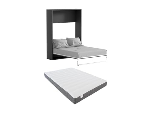 Vente-unique-Cama abatible 160 x 200 cm - Apertura Vertical Manual - Antracita y Natural + Colchón - Malina II