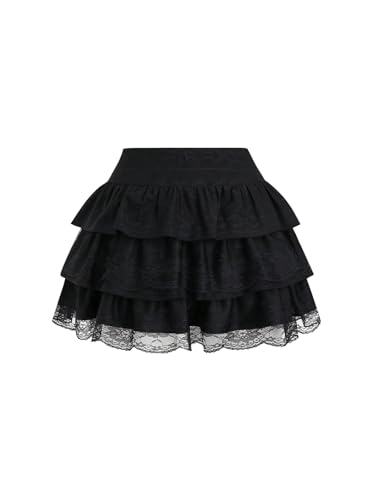 GORGLITTER Women's Y2k Layered Ruffle Lace Mini Skirt High Waisted Sheer Goth Skirts