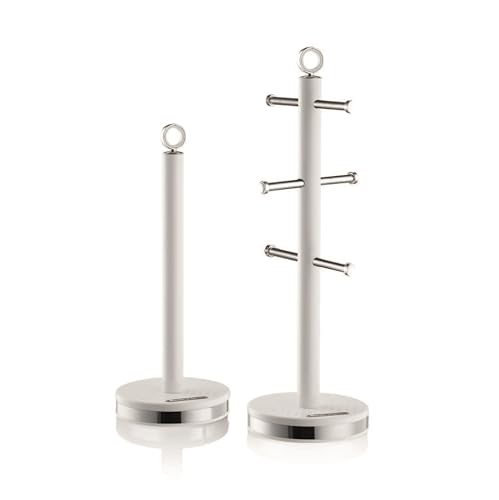Swan Elegance Kitchen Towel Pole and 6 Cup Mug Tree Set with Textured Gloss Finish, Stainless Steel Accents and Non-Slip Bases, White