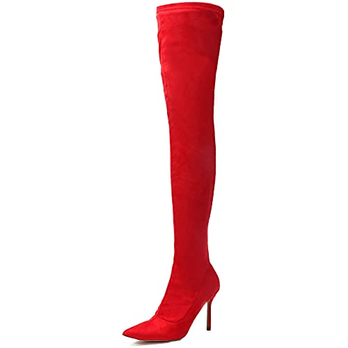 Jiu du Women's Heels Over The Knee Boot Pointed Toe Suede Stretch Sexy Stiletto High Heel Thigh High Boots Red Velvet Size US7.5 EU38