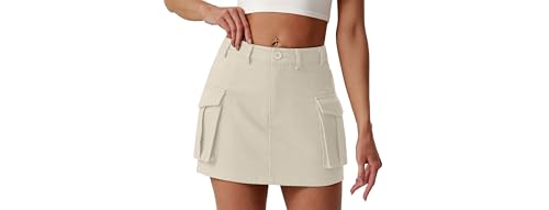 Lepunuo Cargo Skirt Y2K Mini High Waisted Bodycon Denim Jean Flap Skirts with Pockets Apricot