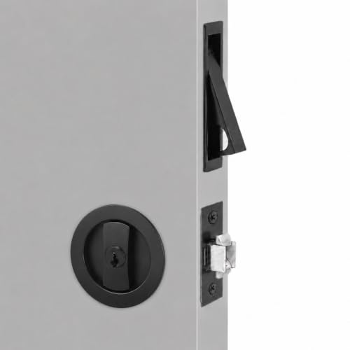 Juego de herrajes para puertas pocket Dontay con cerradura cuadrada con llave, acabado negro mate, para puertas de 1-3/8 a 2-1/4 pulgadas, cuerpo offset, tirador grande en anillo, aleación de zinc, diseño empotrado