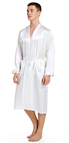 DQSSYTTX Groom Wedding Robe with Pocket Bronzing on The Back White Silk Bathrobe for Men Wedding Party Sleepwear Kimono Robe2