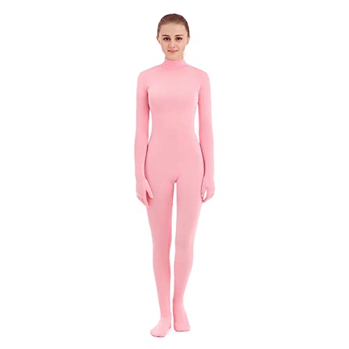 SUPRNOWA Unisexe Mock Col Roulé Lycra Spandex Manches Longues Unitard (S, Rose avec Le Pied et Les Mains)