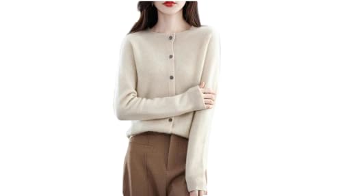 Cárdigan de punto suelto de manga larga con cuello redondo para mujer, casual, ajustado, con botones, beige, S