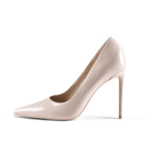 GENSHUO Zapatos de Tacón Alto para Mujer 10 cm,Sexy Tacón de Aguja con Punta Puntiaguada para Fiestas Boda Oficina Stilettos High Heels Tacones de Aguja Beige,Talla EU 42