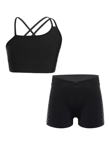 Kids Girls 2 Pieces Activewear Asymmetrical Spaghetti Straps Crop Top and Booty Shorts Set Gym Workout Tracksuit3