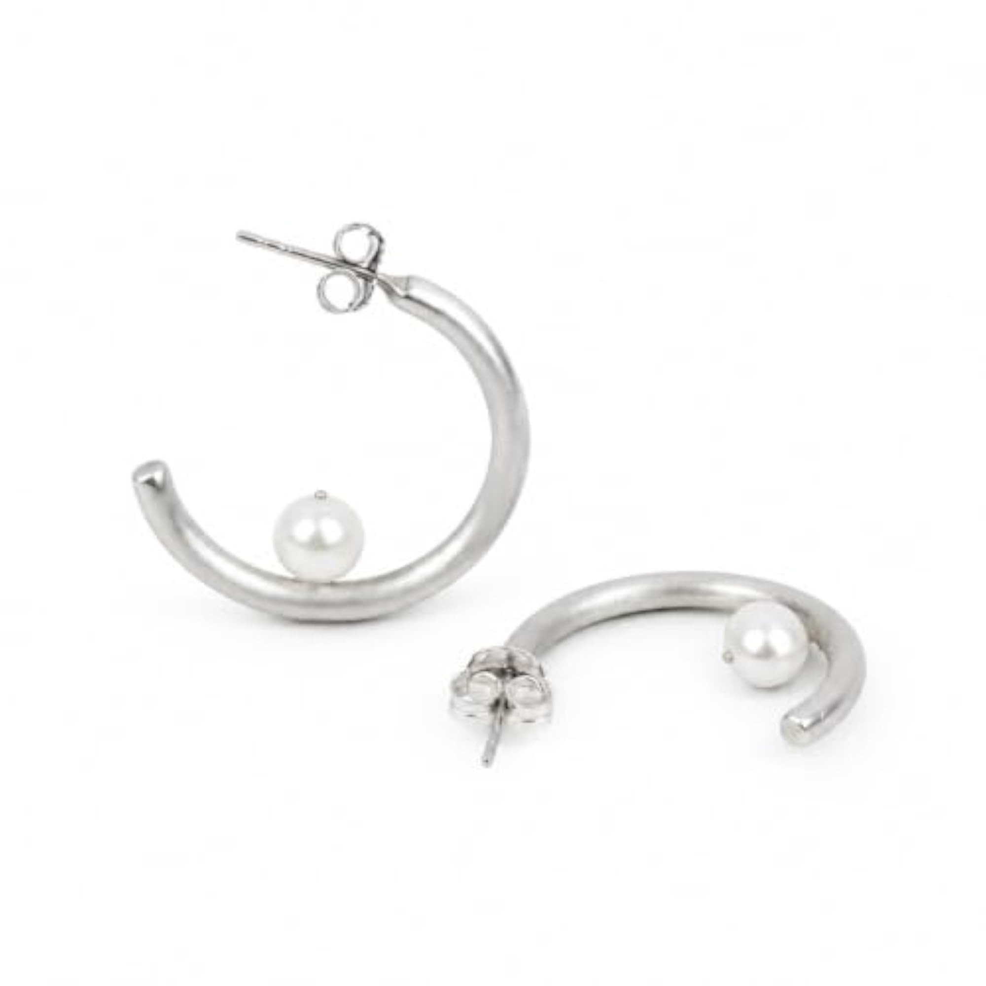 Women's 925 Sterling Silver Curved Hoop Pearl Earrings
