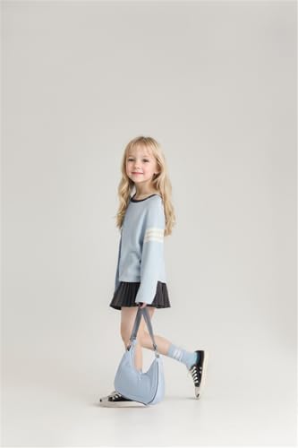 Image of Girls Color Block Pullover Sweater, Spring Fall Oversized Knit Long Sleeve Top with Striped Sleeve, Blue