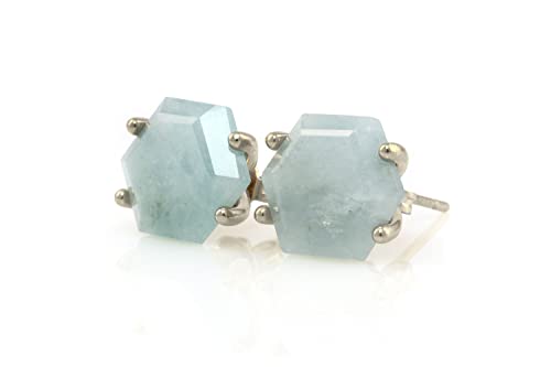 Clous d'oreilles anemone en argent avec aigue-marine hexagonale