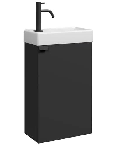 Badplaats Gäste-WC Waschtisch Set Apollo 40 x 22 cm Schwarz Matt - Platzsparende Badmöbel Set mit Waschbecken und Unterschrank