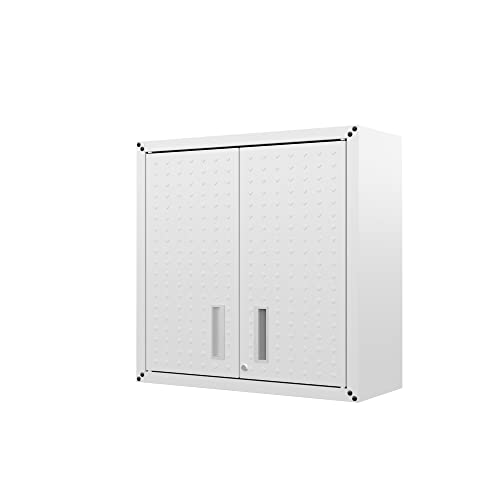 Image of Manhattan Comfort Fortress 30 inch Floating Textured Metal Garage Cabinet with Adjustable Shelves, Set of 1, White