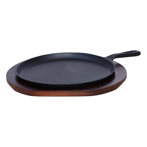 Buckingham Pre-Seasoned Cast Iron Crepe Griddle Pan with Wooden Base for Healthy Low-Fat Cooking Meals Preparation Durable & Induction Compatible 27 cm