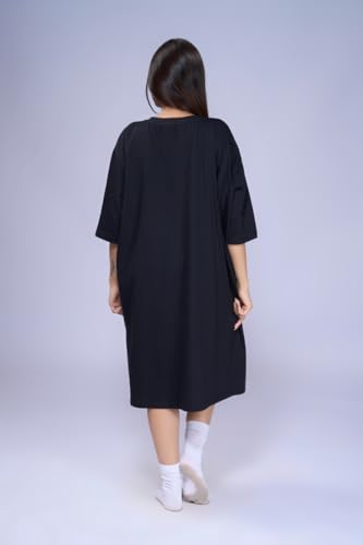 Image of LAMA STORE Women's Printed Oversized T-Shirt Dress, Cotton, 3 /4 Sleeve Length, Casual Loose Fit, Comfort Wear Extra Comfy Oversized Printed Pocket T-Shirt Dress