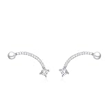 Pendientes de tuerca para mujer, de oro blanco y platino, con forma de sonrisa con moissanita y perla, Metal, Moissanita Perla