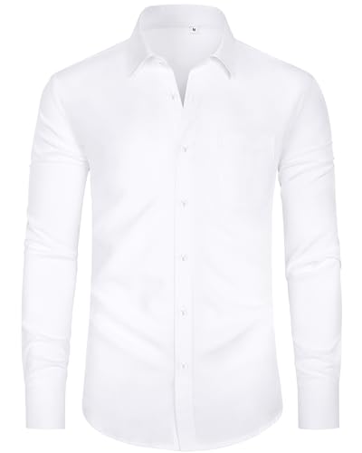 J.VER White Shirt Men Long Sleeve 4-Way Stretch Formal Dress Smart Casual Business Work Fashion Button Down Shirts for Men Adult L
