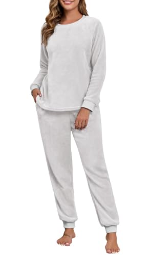 PrinStory Schlafanzug Damen Lange Flanell Pyjama Rundhals Fleece Pyjama Langarm Frottee Schlafanzug Winter Nachtwäsche Loungewear (Aa Hellgrau, S)