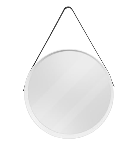 CHELY INTERMARKET MODR001 Espejo Redondo De Pared Blanco con Correa De Colgar Ajustable 50x50cm Estilo Moderno Minimalista para Baño Recibidor Dormitorio Decoración Montaje Fácil PVC Ligero