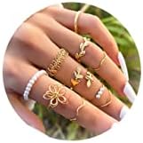 HUASAI Boho Stackable Rings for Women Pearl Beaded Rings for Teen Girls Flower Leaf Wave Stacking Knuckle Rings Set Dainty Joint Finger Rings Gold Midi Pinky Rings for Birthday Gifts