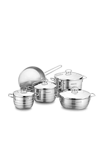 Korkmaz Astra 9 Pcs Tri-Ply Bottom Stainless Steel Cookware Set | Sandwich Bottom Induction Compatible Pots and Pans Set | Silver - KA1900