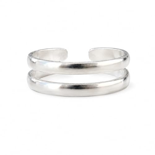 Sterling Silver Toe Ring, Handmade Adjustable Open Double Band - 2 Lines Design, Minimalist Dainty Summer Beach Foot Jewelry for Women, Can Be Worn as Knuckle or Pinky Ring (Double Band 1)