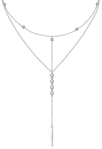 Bar Long Layered Stacking Circle Pendant Multi Layer Y Shape Lariat Layering Trendy Double Choker 2 Strand Chain Necklace for Women 925 Sterling Silver Cubic Zirconia Trendy Fashion Jewelry