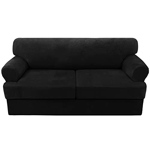 H.VERSAILTEX Sofa Cover 3 Piece T Cushion Sofa Slipcovers Thick Velvet Couch Cover Furniture Protector Stretch T Cushion Sofa Covers for 2 Cushion Couch with 2 Individual T Cushion Covers, Black