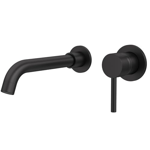 VALAZ Rubinetto Bagno Lavabo a Muro Nero Opaco | Miscelatore Lavabo Bagno Acqua Fredda e Calda, Risparmio Acqua | Installazione Facile | Ottone, Inossidabile, Elegante, Becco 21cm, Serie Guadiana