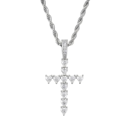 Lulu Mel Iced Out White Gold Plated Cross Pendant Cubic Zirconia Necklace with Rope Chain, Trendy Hip Hop Cross Faith Pendant Jesus Necklace For Men Women (Silver-Style B)