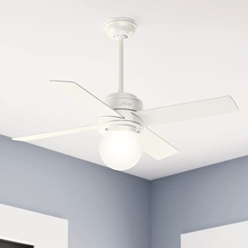 Image of Hunter 44 inch Indoor Ceiling Fan with LED Light - White Ceiling Fan for Bedroom, Living Room, or Kitchen, Standard Mount, Wall Control, 4 Blades, Includes Bulb - Hepburn 50275, Matte White