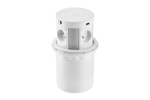 GTV Enchufe de Mesa empotrable Comfort Plus 120 mm, 4 x French, 2 x USB, 2 x RJ45, Carga de inducción de 5 W, Cable de 1,5 m, Color Blanco, para Oficina, Cocina, Salas de conferencias