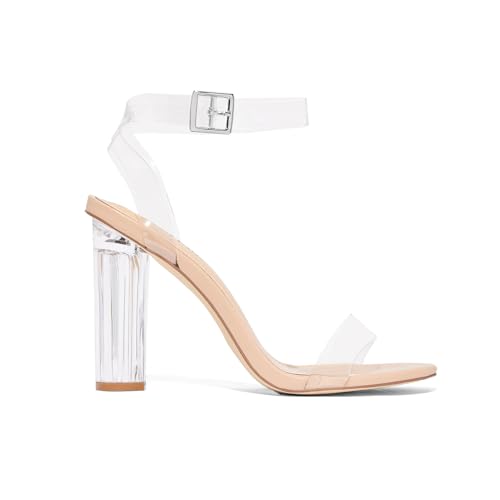 Image of JustFab Clear Heels for Women 4 Inches Chunky Heels Sandals for Women Comfy Open Toe Block Heeled Sandals Ankle Strappy Heels for 2026