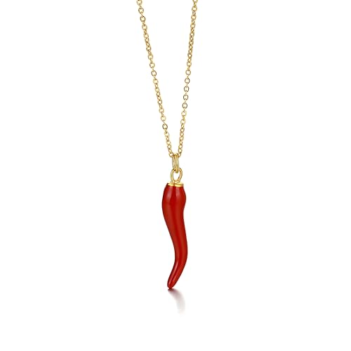 Dreuyet Italian Horn Necklace for Women Men Dainty 14K Gold Plated Cornicello Italian Red Horn Pepper Necklace Amulet Charm Necklaces Good Luck Pendant Talisman Protection Jewelry
