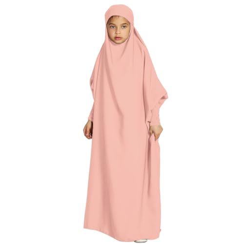 IMEKIS Kids Girls Long Sleeve Full Cover Hijab Kaftan Dubai Islamic Prayer Dress Abaya Muslim One-Piece Hooded Robe Gown