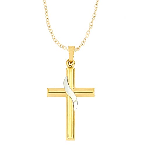 RP 14K Two-Tone Yellow & White Gold Cross Religious Pendant Charm Fine Jewelry for Women; 1 1/4" x 5/8" INCLUDES 14K Yellow Gold 16-18" Adjustable Chain