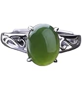 AMINKINA 14K Gold over S925 Natural Jade Bamboo Leaf Ring, Vintage Chinese Style, Adjustable Gree...