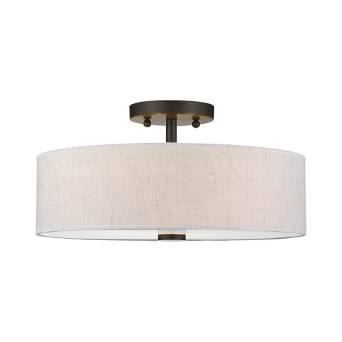 Livex Lighting 52135-92 Meridian Collection 3-Light Semi Flush Mount Ceiling Fixture with Oatmeal Color Fabric Hardback Drum Shade and Satin White Diffuser, English Bronze by Livex - Image 3