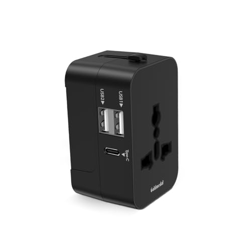 Image of Goldmedal Bolt + Universal Travel Adaptor | 2 Type A & 1 Type C USB Ports for Quick Charging | Supports Variety of Plug Types| Perfect for International Travel - Black | Supports Variety of Plug Types| Perfect for International Travel - Black