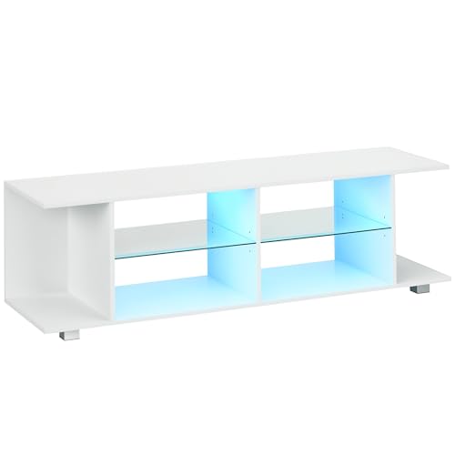HOMCOM Meuble Banc TV sur Pieds avec lumières LED - 2 étagères en Verre trempé pour télévision jusqu'à 60 Pouces Style Contemporain - 145 x 40 x 45 cm Blanc
