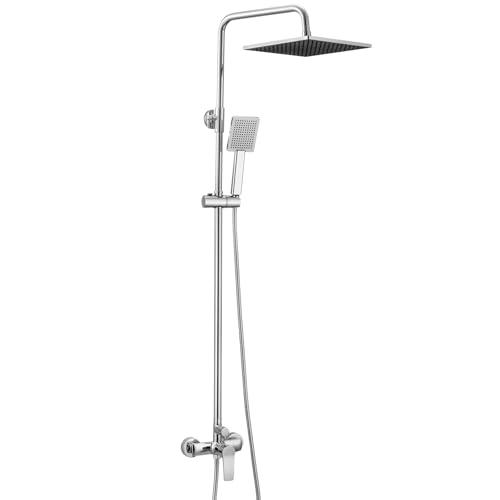 Auralum Colonna Doccia con Miscelatore e Soffione Doccia Fisso Quadrato 25cmx25cm, Colonna Doccia Altezza Regolabile 93-130cm