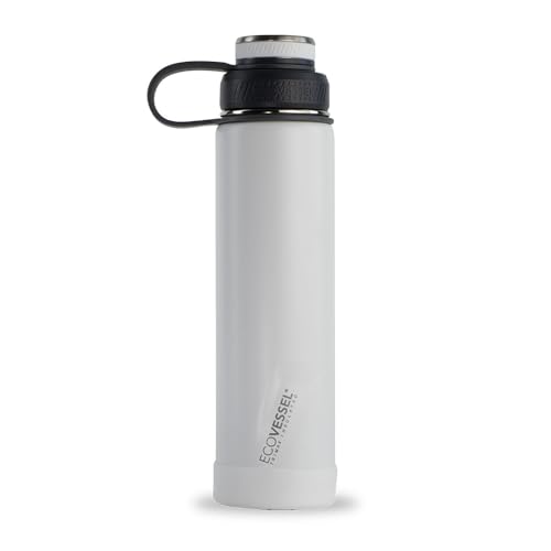 EcoVessel Stainless Steel Water Bottle with Insulated Dual Lid, Insulated Water Bottle with Strainer and Silicone Bottle Bumper, Coffee Mug – 24oz (White Out)