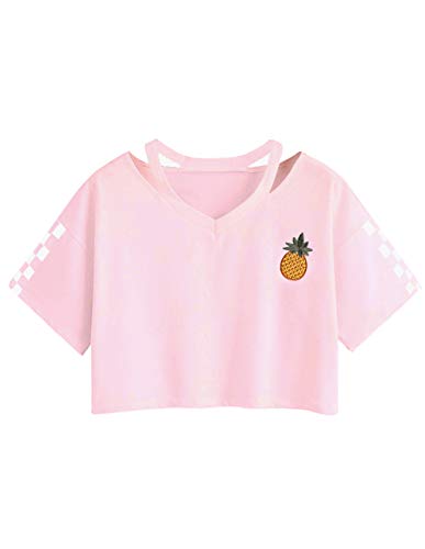 Women Teen Girls Pineapple Print V-Neck Tie up Crop Top Belly Shirt Tees T-Shirt Blouse Top Sale